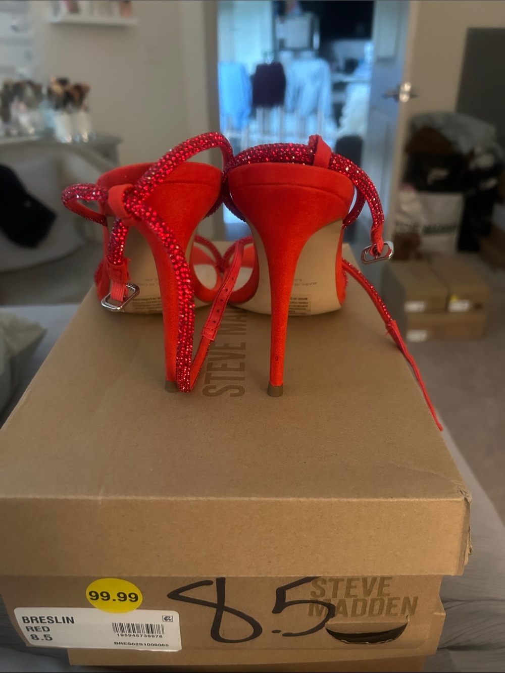Steve Madden Red Glitter Suede Breslin Stiletto Sandals - Picture 4 of 7